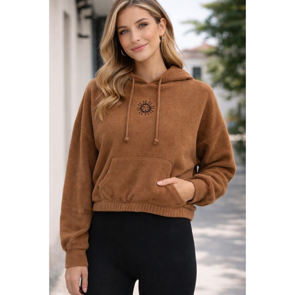 Hippie Rose Cropped Fleece Hoodie Brown Sun Graphic Pullover Sweatshirt Size S